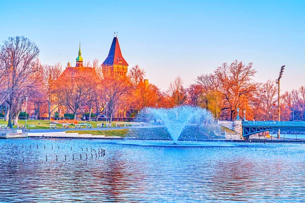 stock image The fountain in the lake in City Park with Vajdahunyad Castle on background in twilight, Budapest, Hungary