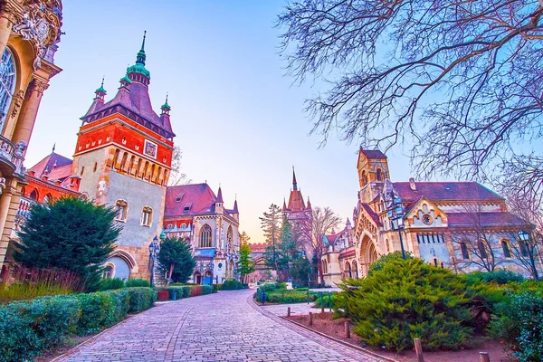 匈牙利布达佩斯 沿着Vajdahunyad城堡庭院的小巷散步 欣赏中世纪风格的周边建筑 — 图库照片