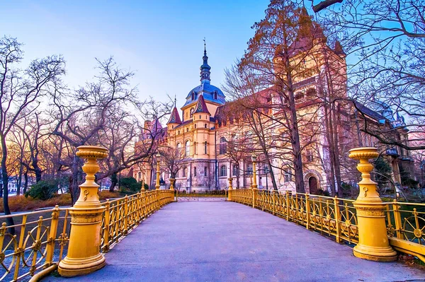 Macaristan Başkenti Budapeşte Nin Göbeğindeki Vajdahunyad Kalesi Ndeki Sarı Köprü — Stok fotoğraf