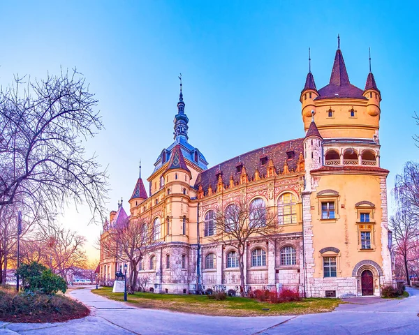Passeio Noturno City Park Budapeste Desfrutar Grande Arquitetura Castelo Vajdahunyad — Fotografia de Stock