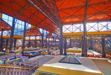 BUDAPEST, HUNGARY - 22 Şubat 2022: Bükreş 'te 22 Şubat' ta Budapeşte 'de mağazaların çatıları ve dekoratif demir kemerler ve sütunlarla Merkez Pazar Salonu