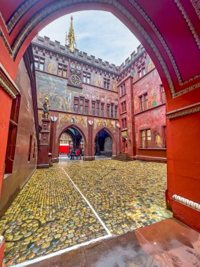 The view throught arcade on the inner coyrtyard of Town Hall of Basel, Switzerland