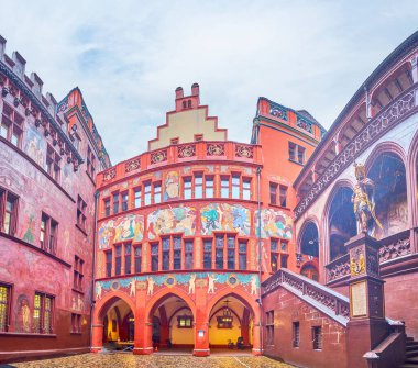 Panorama of richly decorated Late-Gothic courtyard of Basel Town Hall, Switzerland