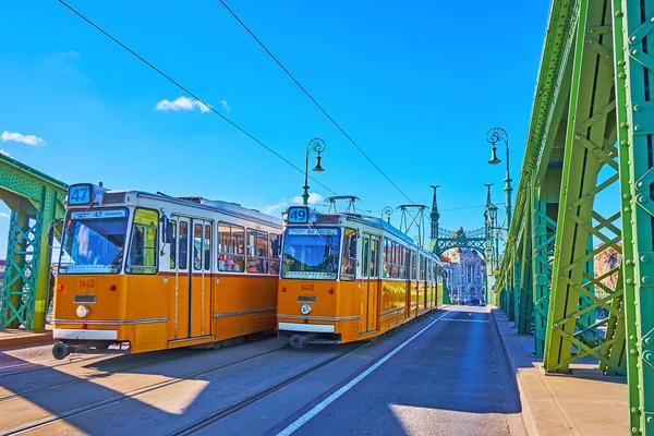 The vintage yellow trams on historic green Liberty Bridge across Danube river, Budapest, Hungary