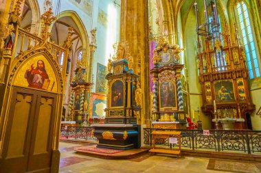 PRAGUE, CZECHIA - MARCH 11, 2022: Visit medieval Church of Our Lady before Tyn, on March 11 in Prague, Czechia