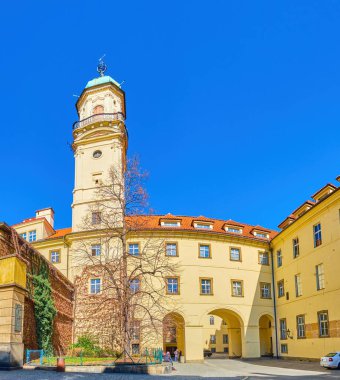 Panorama of Clementinum with astronomical tower, the historical complex in the heart of Old town of Prague, Czechia