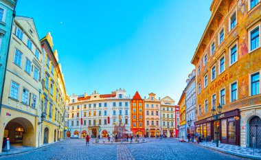 PRAGUE, CZECHIA - MARCH 11, 2022: Panorama of Male namesti (Little Square) with its monumental medieval houses, on March 11 in Prague, Czechia