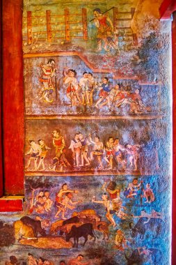 CHIANG MAI, THAILAND - MAY 3, 2019: Interior of Viharn Lai Kham of Wat Phra Singh with preserved historic murals on walls, on May 3 in Chiang Mai