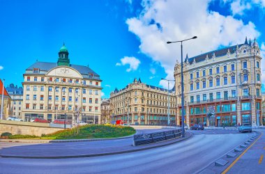 Historic Sapientia School of Theology and Clotilde Palaces on Marcius 15 Square, Budapest, Hungary
