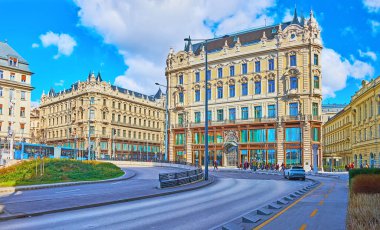 The splendid Clotilde Palaces from the Marcius 15 Square, Budapest, Hungary