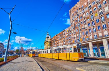 The vintage yellow trams, riding down Karoly Street, next to the Deak Ferenc Square, Budapest, Hungary