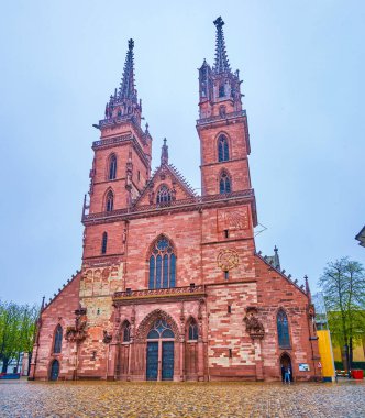 Facade of Basel Minster Cathedral in Basel, Switzerland