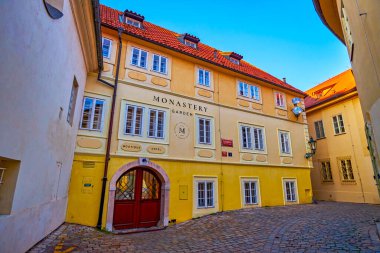 PRAGUE, CZECHIA - MARCH 11, 2022: Facade of boutique hotel Monastery Garden on Rasnovka street, on March 11 in Prague, Czechia