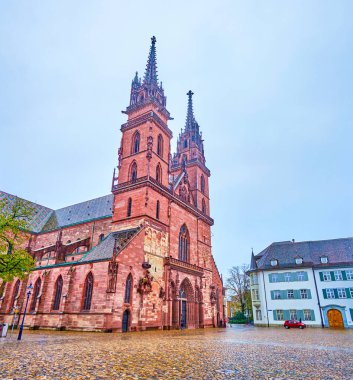 Scenic facade of Basel Minster and Munsterplatz square, Basel, Switzerland