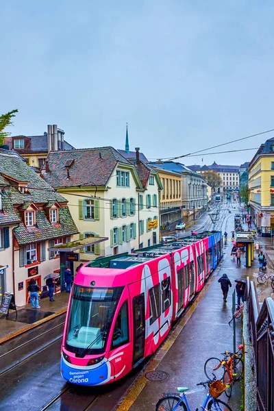 Basel Switzerland April 2022 Colorful Modern Tram Kohlenberg Street Old — Zdjęcie stockowe