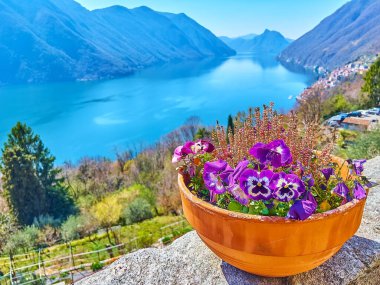 The red clay pot with purple pansies against the blue Lake Lugano and Lugano Prealps with Monte San Salvatore in background, Valsolda, Italy
