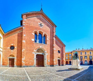 Panorama of San Pietro Martire square with facade of same named church and Mose Bianchi monument, Monza, Italy