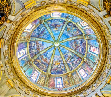 MILAN, ITALY - APRIL 11, 2022: The huge dome of the Temple of San Sebastiano, decorated with frescoes, on April 11 in Milan, Italy