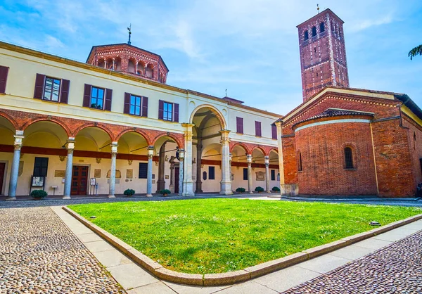 Oratorio di San Sigismondo building and arcades of Church of Saint Ambrose in Basilica of Sant\'Ambrogio complex of Milan, Italy