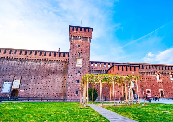 stock image The walls and Bona di Savoia tower of Piazza dArmi (Courtyard of Arms) in Sforza Castle, Milan, Italy