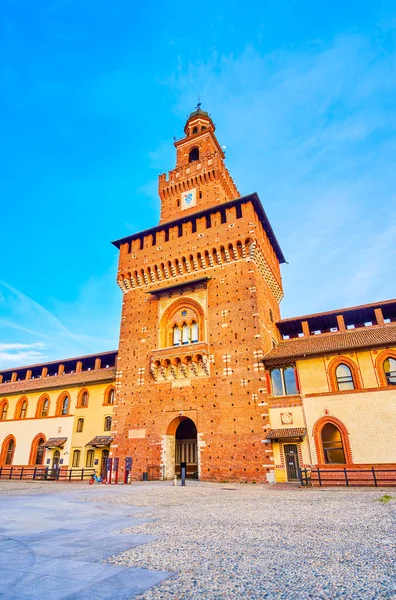 stock image The largest tower Torre del Filarete of medieval Sforza's Castle, Milan, Italy