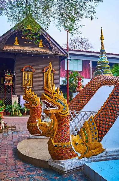 Gekleurde Stucwerk Beelden Van Makara Krokodillen Disgorging Naga Slangen Wat — Stockfoto