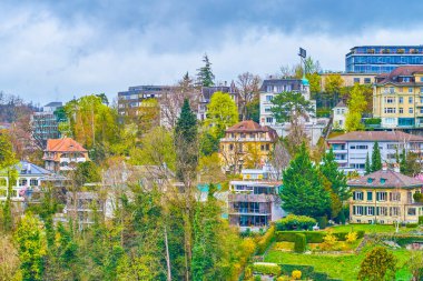 İsviçre, Bern 'de Altenberg ilçesinin Aare nehir vadisinde yeşillikte büyüleyici evler.