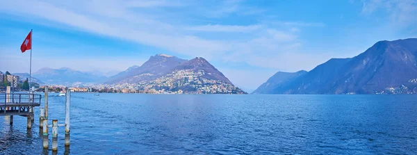 Panorama Della Superficie Blu Del Lago Lugano Monte Bre Monte — Foto Stock