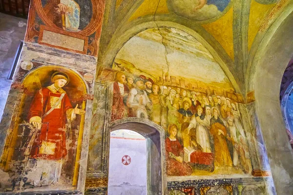 Lugano Switzerland Marca 2022 Średniowieczne Freski Kościele Santa Maria Degli — Zdjęcie stockowe