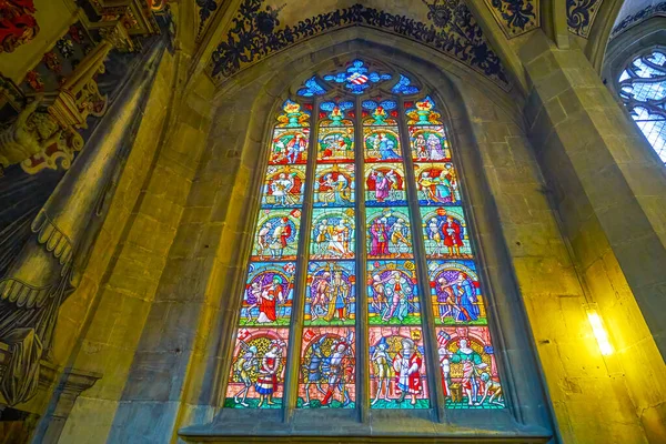 stock image BERN, SWITZERLAND - MARCH 31, 2022: Dance of Death scenes on large stained glass windows in Bern Minster Cathedral, on March 31 in Bern, Switzerland