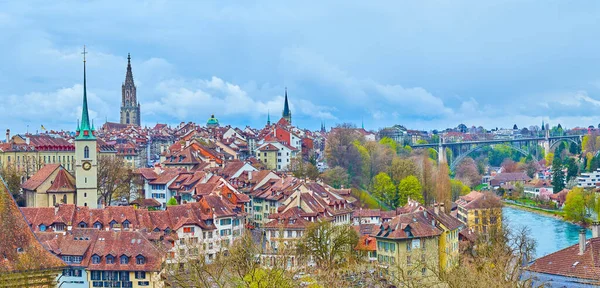 Schilderachtig Uitzicht Het Middeleeuwse Stadsgezicht Met Typische Berner Herenhuizen Torens — Stockfoto