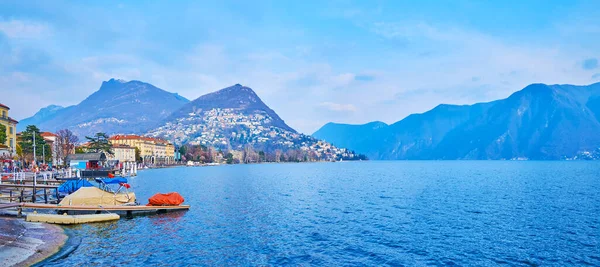 Panorama Lago Ceresio Lago Lugano Com Habitação Colorida Lugano Longo — Fotografia de Stock
