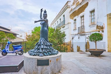 CADIZ, İspanya - 21 Eylül 2019: Flamenko dansçısı Conchita Aranda Fosa anıtı, Plaza de la Merced, Cadiz 'de 21 Eylül' de yer almaktadır.