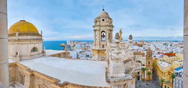 Panorama Cadiz Cathedral Tak Med Skulpterade Klocktorn Enorm Kupol Och — Stockfoto