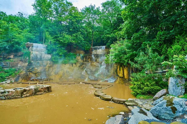 stock image Amazing waterfalls cascade, named Poseidon Trident and located in English Landscape Garden in Sofiyivsky Park, Uman, Ukraine