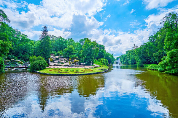 The view on Ionian Sea Lake and the Assembly Square, covered with lush greenery, Sofiyivsky Park, Uman, Ukraine