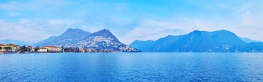Lugano Prealps Panorama ile Monte Boglia, Monte Bre, Monte Sighignola ve Ceresio Gölü 'nün arkasındaki diğer dağlar, Lugano, İsviçre