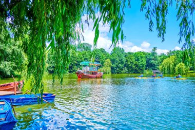 Sofiyivka Park, Uman, Ukrayna 'daki Yukarı Göl' de rahatla.