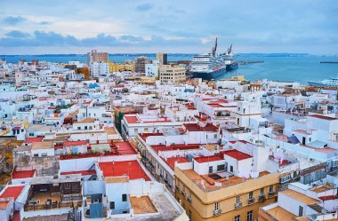 Şehir çatıları, liman, yolcu gemileri, kargo gemileri, vinçler ve tarihi yapılar üzerindeki Katedral 'in çan kulesinden manzara, Cadiz, İspanya