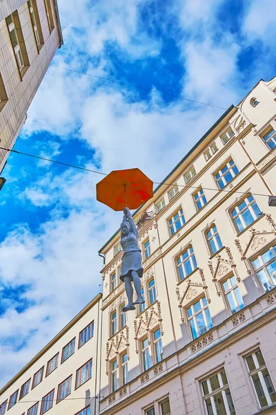 Prague Czechia March 2022 Hanging Umbrella Woman Slight Uncertainty Installation Stock Picture