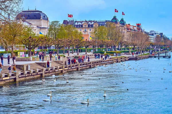 Zurich Suiza Abril 2022 Paseo Recreativo Quaianlagen Orilla Del Lago — Foto de Stock