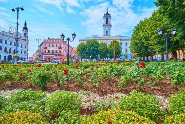 Merkez Meydanı, Ukrayna 'nın Chernivtsi kentindeki belediye binasının önünde çiçek açan parlak çiçeklerle süslenmiş.