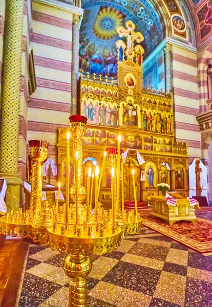 Chernivtsi Ukraine July 2021 Gilt Candle Holder Burning Candles Iconostasis — Stock Photo, Image