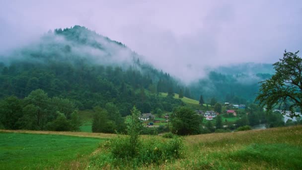 Tempo Nebuloso Chuvoso Aldeia Dzembronia Com Vista Para Montanhas Verdes — Vídeo de Stock