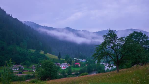 乌克兰喀尔巴阡山脉 Dzembronia山村的清晨 可以看到紫色天空中的低云 雨和绿色山坡 — 图库视频影像