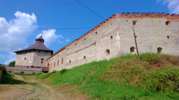 Massive Medieval Wall Medzhybizh Castle Its Moat Covered Green Grass — Stockvideo