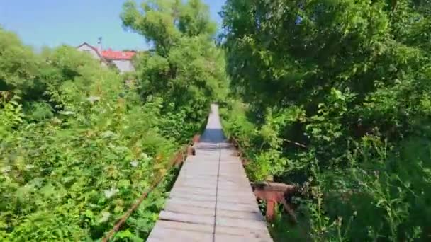 Derin Kanyondaki Smotrych Nehri Üzerindeki Dar Ahşap Asma Köprü Yemyeşil — Stok video