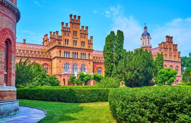 Arka planda Chernivtsi Ulusal Üniversitesi, Ukrayna 'nın binaları olan güzel yeşil ağaç bahçesi