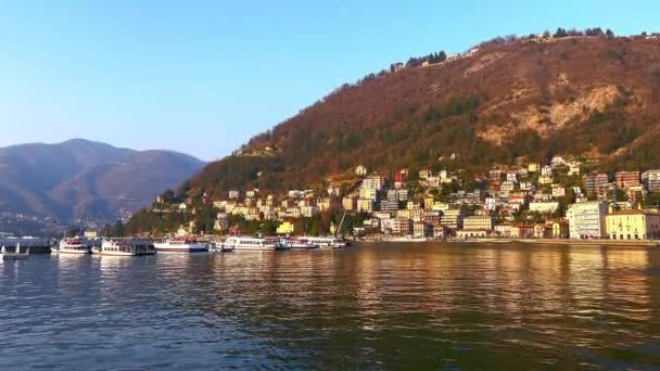 Akşam Güneşi Como Gölü Como Lombardy Talya Nın Arkasındaki Monte — Stok video
