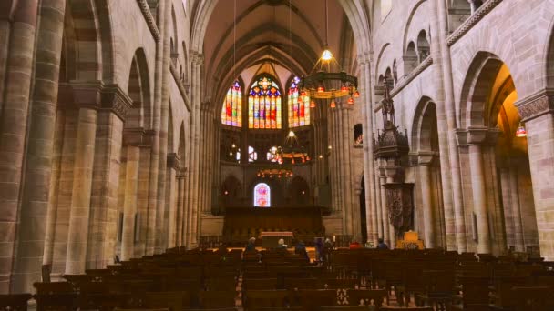 Middeleeuwse Gotische Gebedshal Van Basel Minster Basler Munster Kathedraal Zwitserland — Stockvideo